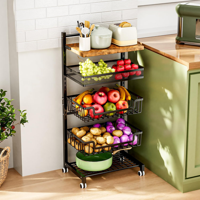 5 Tier Fruit Basket Kitchen Storage Cart Adjustable Fruit And Vegetable Basket Wooden Top Table Fruit Rack Snack Cart With Wheels Metal Mesh And